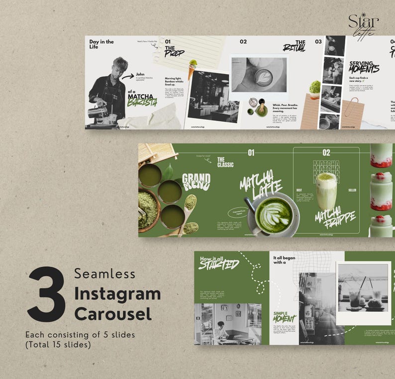 May include: A seamless Instagram carousel design with 15 slides. The design features a matcha theme, with images of matcha lattes, matcha frappes, and a matcha barista. The color palette includes green, white, and black.