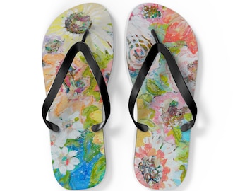 Floral Flip Flops | Summer Beach Sandals, Vacation Footwear, Casual Summer Accessories, Flower Pattern Slide Sandals, Gift for Her