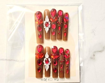 Reindeer Brown Long Press On Nails With Red Gems for Christmas Holiday Season Handmade
