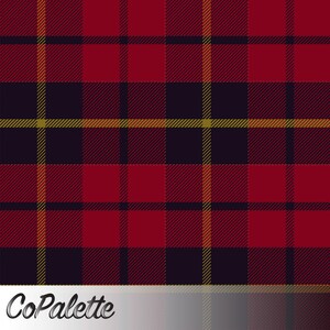 Puede incluir: Un patrón de cuadros sin costuras en tonos rojos, azul marino y dorado. El diseño presenta una cuadrícula clásica de líneas que se cruzan, creando un efecto tartán tradicional. El texto "CoPalette" está en la parte inferior.