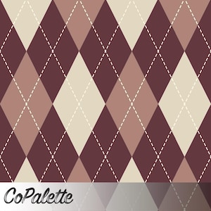 May include: A repeating pattern of argyle diamonds in shades of burgundy, tan, and cream, with white dashed lines. The design is a classic, geometric pattern, suitable for textiles or backgrounds. The word "CoPalette" is at the bottom.