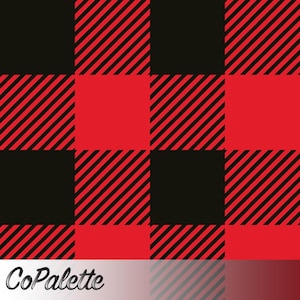 May include: A red and black buffalo plaid pattern. The design features a repeating checkerboard of solid black and red squares, with diagonal black stripes on the red squares. The bottom of the image has the text "CoPalette".