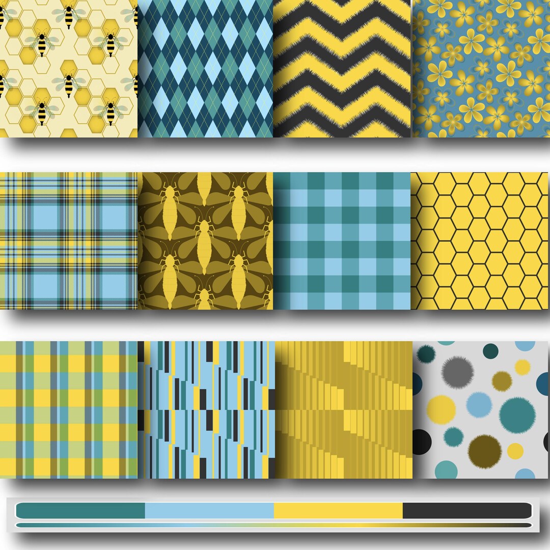 Fuzzy Bee Honeycomb Digital Paper Pack – Yellow Teal Seamless Patterns ...