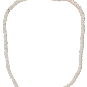 May include: A necklace made of small, off-white, shell-like beads. The beads are strung together, forming a circular shape. The necklace has a natural, organic appearance, with a simple wooden clasp.