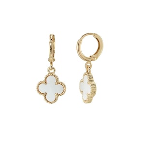 May include: A pair of gold-colored hoop earrings with a clover-shaped pendant. The pendant is white with a gold-colored border. The earrings are displayed against a white background.