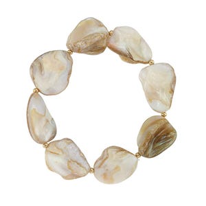 May include: A bracelet featuring large, irregularly shaped, off-white and tan beads. The beads are strung together with small gold-colored connectors. The bracelet is designed to be worn around the wrist.