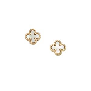 May include: A pair of gold-colored clover-shaped stud earrings. Each earring features a white, four-leaf clover design set within a beaded gold border. The earrings are displayed against a white background.