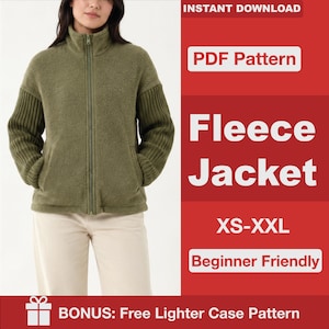 May include: An olive green fleece jacket with a high collar, a full-length front zipper, and ribbed knit sleeves. The image includes text: INSTANT DOWNLOAD, PDF Pattern, Fleece Jacket, XS-XXL, Beginner Friendly, BONUS: Free Lighter Case Pattern.