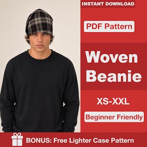 May include: A plaid beanie with black, white, and tan lines. The image includes text: INSTANT DOWNLOAD, PDF Pattern, Woven Beanie, XS-XXL, Beginner Friendly, and BONUS: Free Lighter Case Pattern. The beanie is worn on a head against a plain background.