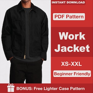 May include: A black work jacket with a collar and a front zipper closure. The image includes text: INSTANT DOWNLOAD, PDF Pattern, Work Jacket, XS-XXL, Beginner Friendly, and BONUS: Free Lighter Case Pattern. The jacket is worn over a dark shirt.