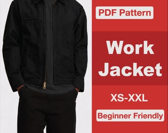 May include: A black work jacket with a collar and a front zipper closure. The image includes text: INSTANT DOWNLOAD, PDF Pattern, Work Jacket, XS-XXL, Beginner Friendly, and BONUS: Free Lighter Case Pattern. The jacket is worn over a dark shirt.