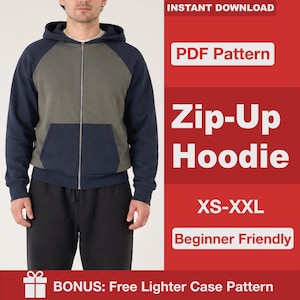 Puede incluir: Una sudadera con cremallera y capucha, con torso gris y mangas, capucha y bolsillos azul marino. La imagen incluye el texto: INSTANT DOWNLOAD, PDF Pattern, Zip-Up Hoodie, XS-XXL, Beginner Friendly y BONUS: Free Lighter Case Pattern.