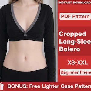 May include: A black cropped long-sleeve bolero with a gray V-neck trim and a single button closure. The image includes text: INSTANT DOWNLOAD, PDF Pattern, Cropped Long-Sleeve Bolero, XS-XXL, Beginner Friendly, and BONUS: Free Lighter Case Pattern.