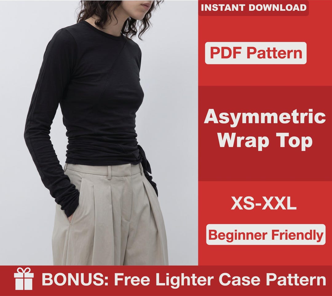 Asymmetric Wrap Top Sewing Pattern PDF, Long Sleeve Jersey Shirt With ...