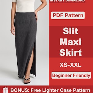 May include: A dark gray maxi skirt with a high waist and a side slit, paired with a white short-sleeved top. The image includes text: INSTANT DOWNLOAD, PDF Pattern, Slit Maxi Skirt, XS-XXL, Beginner Friendly, and BONUS: Free Lighter Case Pattern.