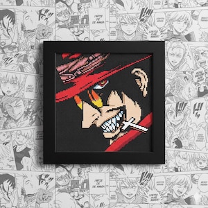 Könnte beinhalten: Ein gerahmtes Pixel-Art-Porträt einer Figur mit rotem Hut, Zigarette und scharfen Zähnen. Das Kunstwerk ist vor einem schwarzen Hintergrund platziert und in einem schwarzen Quadrat gerahmt. Der Hintergrund ist ein Manga-Comic-Strip.