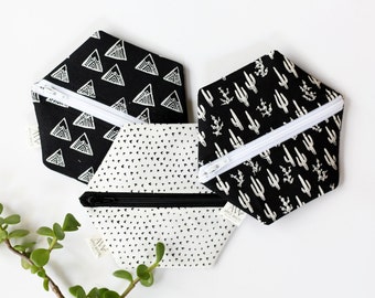 Hexagon Coin Purse, Zipper Pouch, Change Purse, Gift Card Holder, Gift for Her, Under 20, Purse Organizer, Boho, Black and White, Cactus
