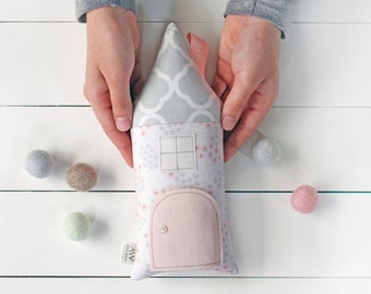 Tooth Fairy Pillow, Fairy Door, Tooth Fairy House, Kids Gift, Stuffed Toy, Decorative Pillow, Pretend Play Toy, Gift for Kids, Pink, Gray