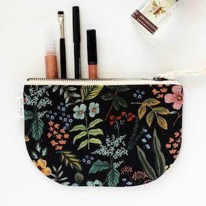 Rifle Paper Co Fabric Bag, Floral Zipper Pouch, Purse, Botanical Make Up Bag, Black Clutch, Bride's Maid Gift, Gift For Her, Cosmetic Bag image 1