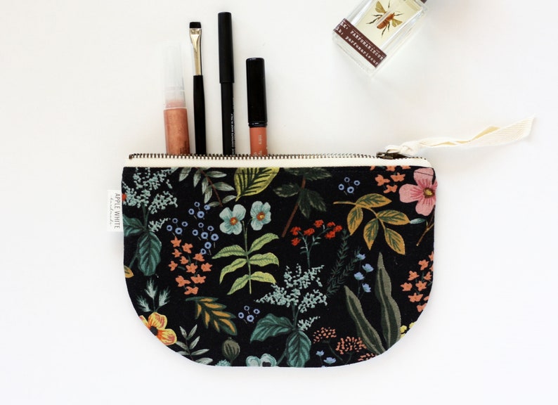 Rifle Paper Co Fabric Bag, Floral Zipper Pouch, Purse, Botanical Make Up Bag, Black Clutch, Bride's Maid Gift, Gift For Her, Cosmetic Bag image 1