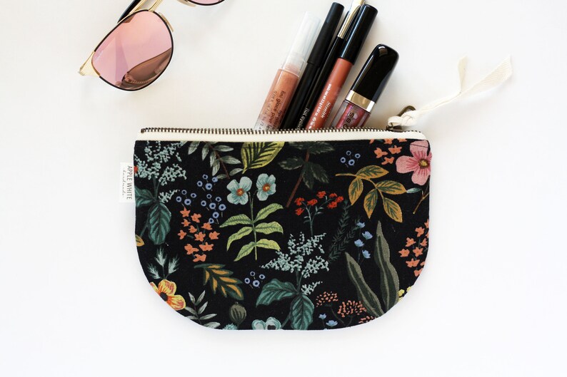 Rifle Paper Co Fabric Bag, Floral Zipper Pouch, Purse, Botanical Make Up Bag, Black Clutch, Bride's Maid Gift, Gift For Her, Cosmetic Bag image 4