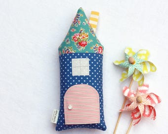 Heirloom Handmade Whimsical Tooth Fairy Pillow, House Shaped Tooth Fairy Gift in Blue, Red, and Yellow with Polka Dots and Florals