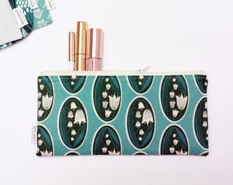 Botanical Zipper Pouch, Teal and Green Floral,  Zipper Bag, Craft Supply. Gift Idea, Make Up Bag, Organizer, Gift for Her, Coin Purse, Bag