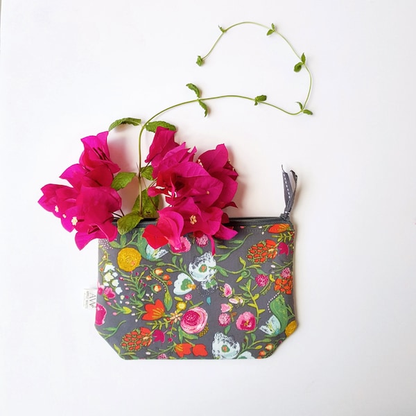 Floral Zipper Bag, Bari J Fabric,  Cosmetics Bag, Bridesmaids Gift, Large Wallet, Pencil Bag, Make Up Bag, Gift for Her, Accessories Bag