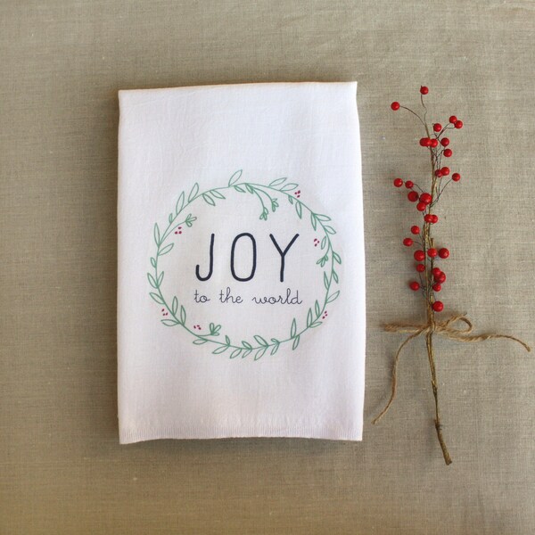 Joy Holiday Tea Towel Printed in Red and Green /Kitchen Flour Sack Towel/ Cotton Towel /Home Decor