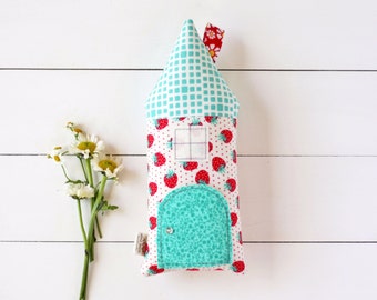 Tooth Fairy Pillow, House Pillow, Strawberry, Teal, Kids, Children Toy, Secret Door,Keepsake, Special Edition, Room Decor, Tooth Fairy House