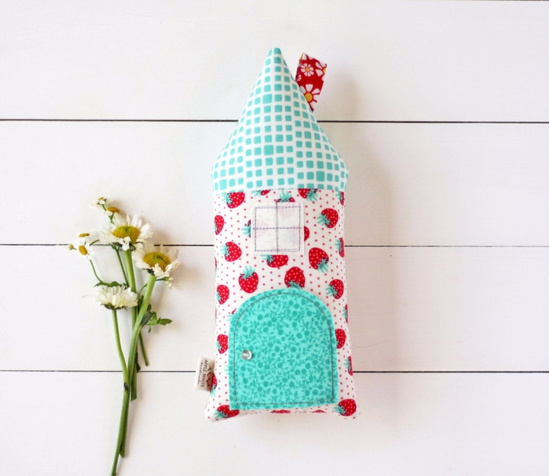 Tooth Fairy Pillow, House Pillow, Strawberry, Teal, Kids, Children Toy, Secret Door,Keepsake, Special Edition, Room Decor, Tooth Fairy House image 1