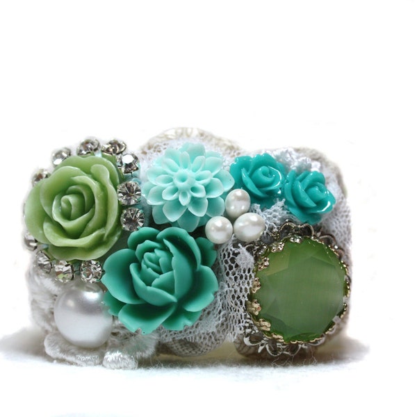 Mermaid Cuff Bracelet in Aqua Blues, Teals and Greens