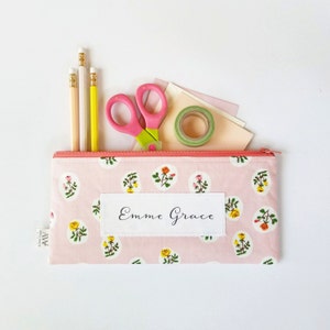 Pink Floral Zipper Pouch, Pencil Pouch, Pencil Case, Pink, Green, Floral, College, Kids, School Supplies, Teens, Women, Organize