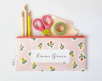 Pink Floral Zipper Pouch, Pencil Pouch, Pencil Case, Pink, Green, Floral, College, Kids, School Supplies, Teens, Women, Organize