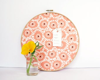 Cork Bulletin Board Modern Peach Coral Floral Embroidery Hoop with Tacks Organize Wall Decor Home Office