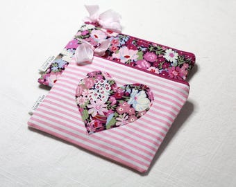 Handmade Liberty of London Floral or Stripe Heart Coin Purse with Bow