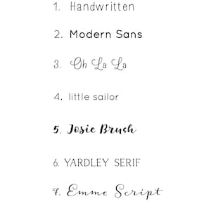 May include: A list of seven different fonts, including Handwritten, Modern Sans, Oh La La, little sailor, Josie Brush, YARDLEY SERIF, and Emme Script.