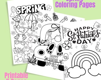 Bold and Easy Spring Coloring Pages | 5 Page Cute Easter & St Patricks Day Printable for Kids Teens Adults | Simple Kawaii Digital Download
