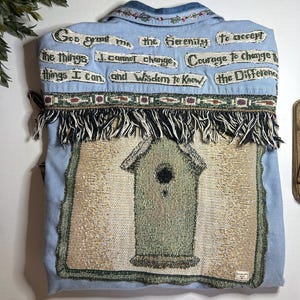 Denim Patchwork Serenity Prayer and Birdhouse Shirt | L