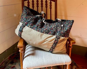 Giant Drawstring Duffel Bag, Floral Print and Green Gingham