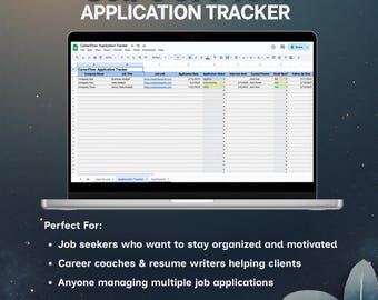 May include: A laptop displaying a spreadsheet titled "CareerFlow Application Tracker." The screen shows a table with columns for job applications. The image includes the text "CareerFlow APPLICATION TRACKER" at the top and "Perfect For:" at the bottom.