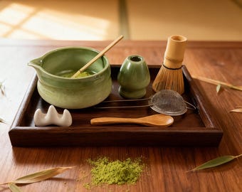 Japanese Handmade Green Ceramic Matcha Tea Set – Curved, Smooth-Edged Bowl with Bamboo Whisk & Tea Scoop, Perfect Gift for Tea Lovers