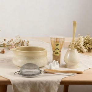 May include: A matcha tea set featuring a ceramic bowl, whisk, strainer, spoon, and whisk holder. The set includes a bamboo whisk in a clear container with Japanese text. The items are beige and white.