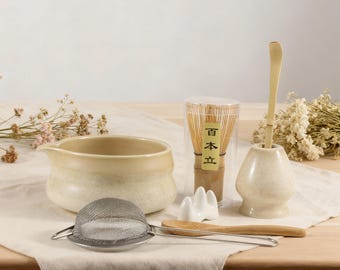 Handmade Beige Ceramic Matcha Bowl Set,Wide Tea Bowl&Whisk Stand,Japanese Pottery,Unique Handcrafted Matcha Set,Perfect Gift for Tea Lovers