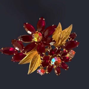 Vintage Juliana Ruby Red  Rhinestone Brooch 1960s D&E Siam Red Marquise Flower Pin Mid Century Aurora Borealis Jewelry Red Crystal Gift