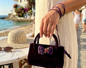 Vintage 90s Dark Purple Velvet Tiny Bow Bag Small Purse with Rose Center Goth Whimsigoth Aesthetic 1990s Unlisted Kenneth Cole style