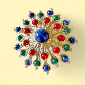 Vintage Sarah Coventry 1970 Carnival Brooch Red Green Blue Cabochon Glass Sunburst Pin Gold Tone Retro Statement MCM Signed Jewelry