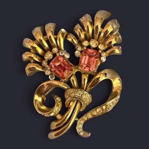Signed Coro Pink Rhinestone Flower Brooch Vintage 1950s Gold Tone Floral Pin Emerald Cut Crystal Bouquet MCM Coro Jewelry Retro Gift