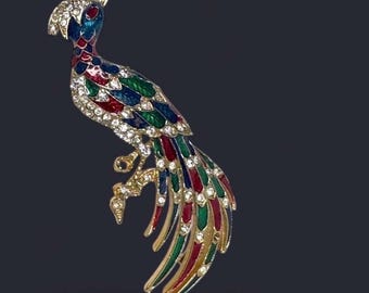 Vintage Enamel Peacock Brooch Multi Color Rhinestone Bird Pin Regal Blue Animal Jewelry Retro Figural Lapel Pin Unique Gift for Women