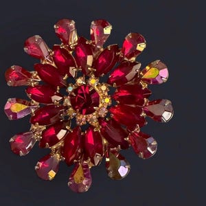 Huge 2.5" Vintage Juliana DeLizza and Elster Red Rhinestone Brooch Mid Century Ruby Marquise Starburst Pin Verified D&E Costume Jewelry